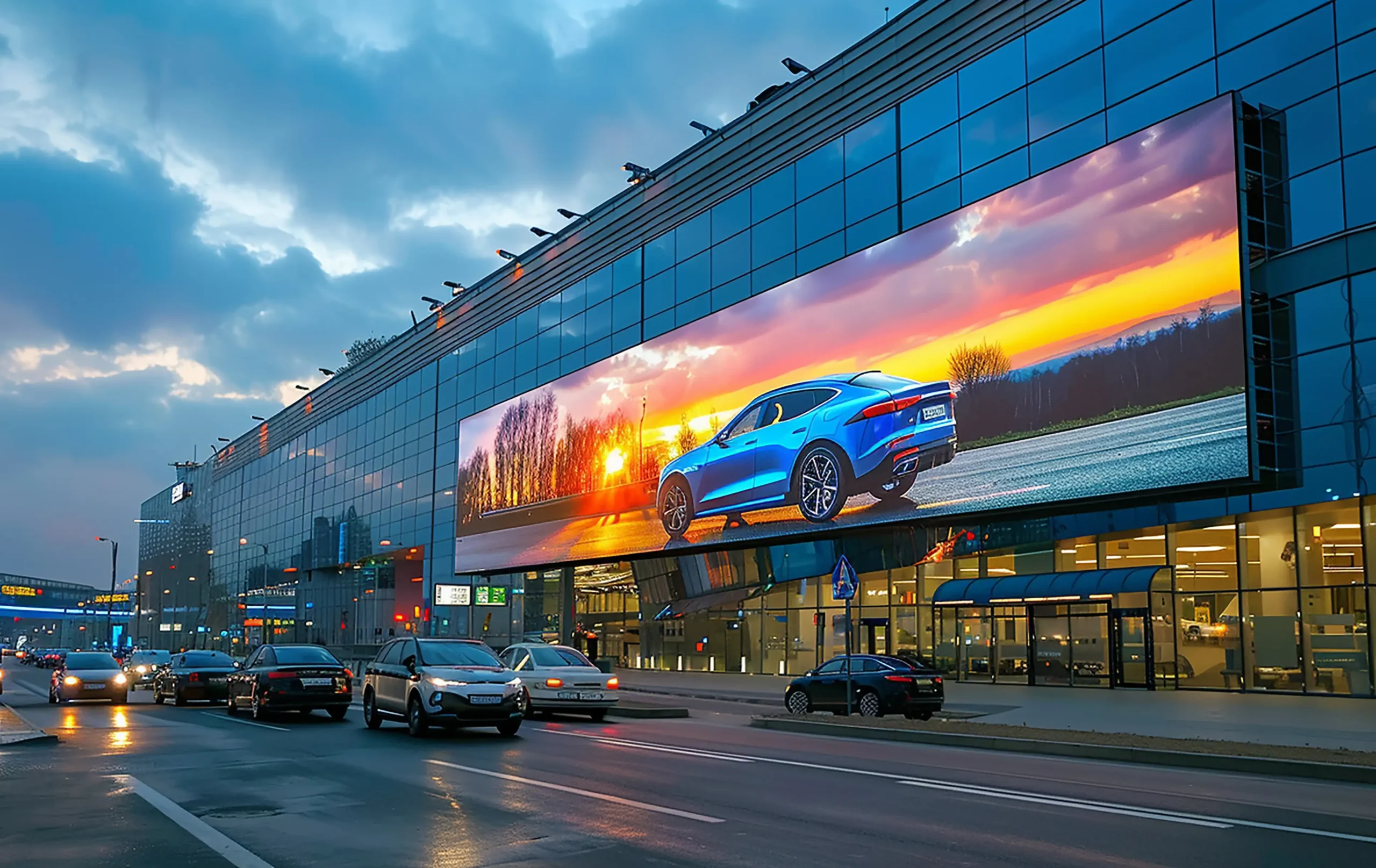 Large LED billboard on a modern building facade displaying a car advertisement above a city street