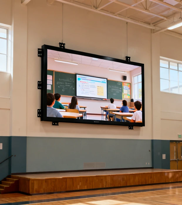 Large LED display screen mounted on the wall of a school hall in an education setting