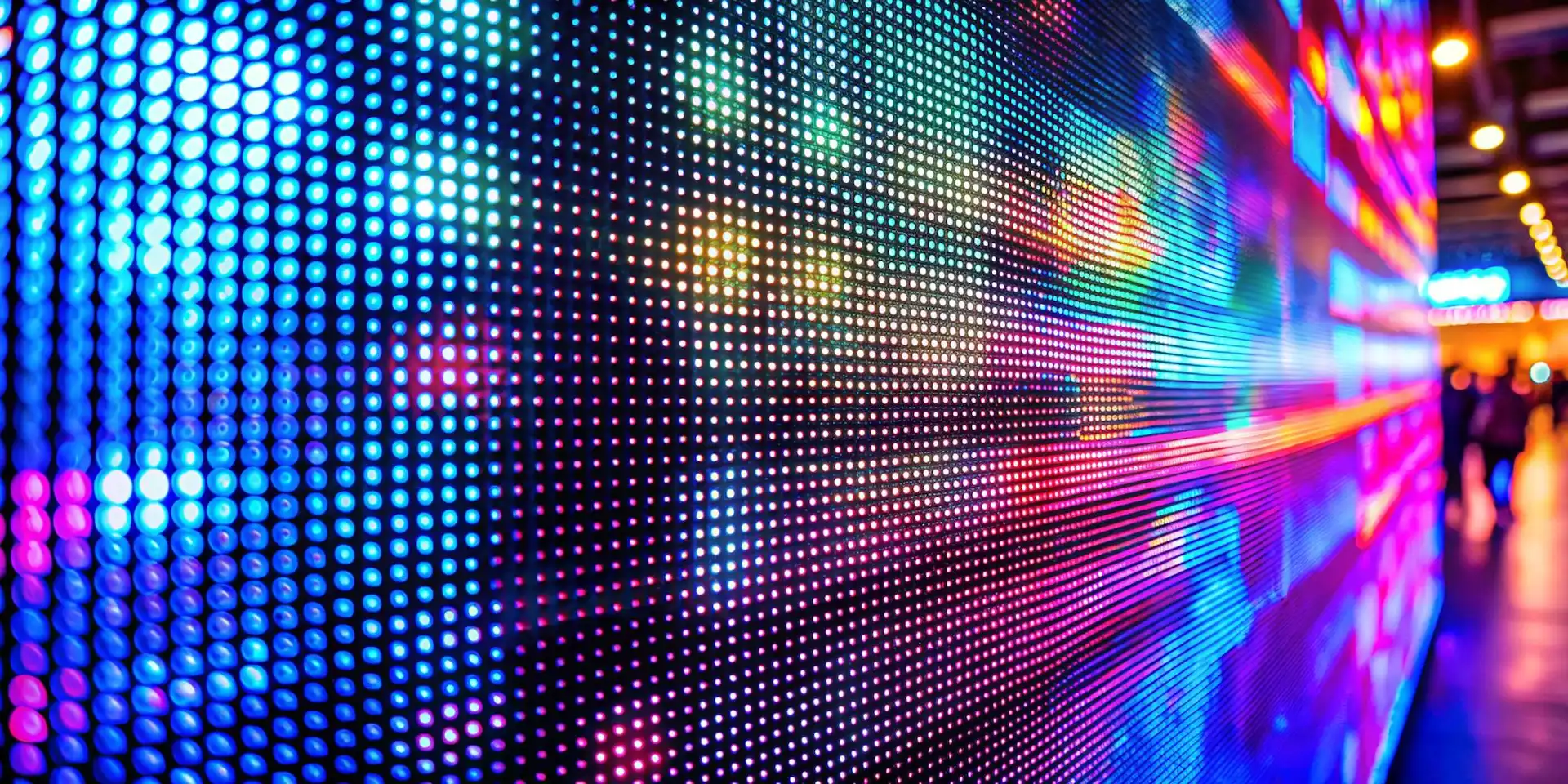 Close-up of a large LED display wall with vivid multicolored pixels viewed at an angle