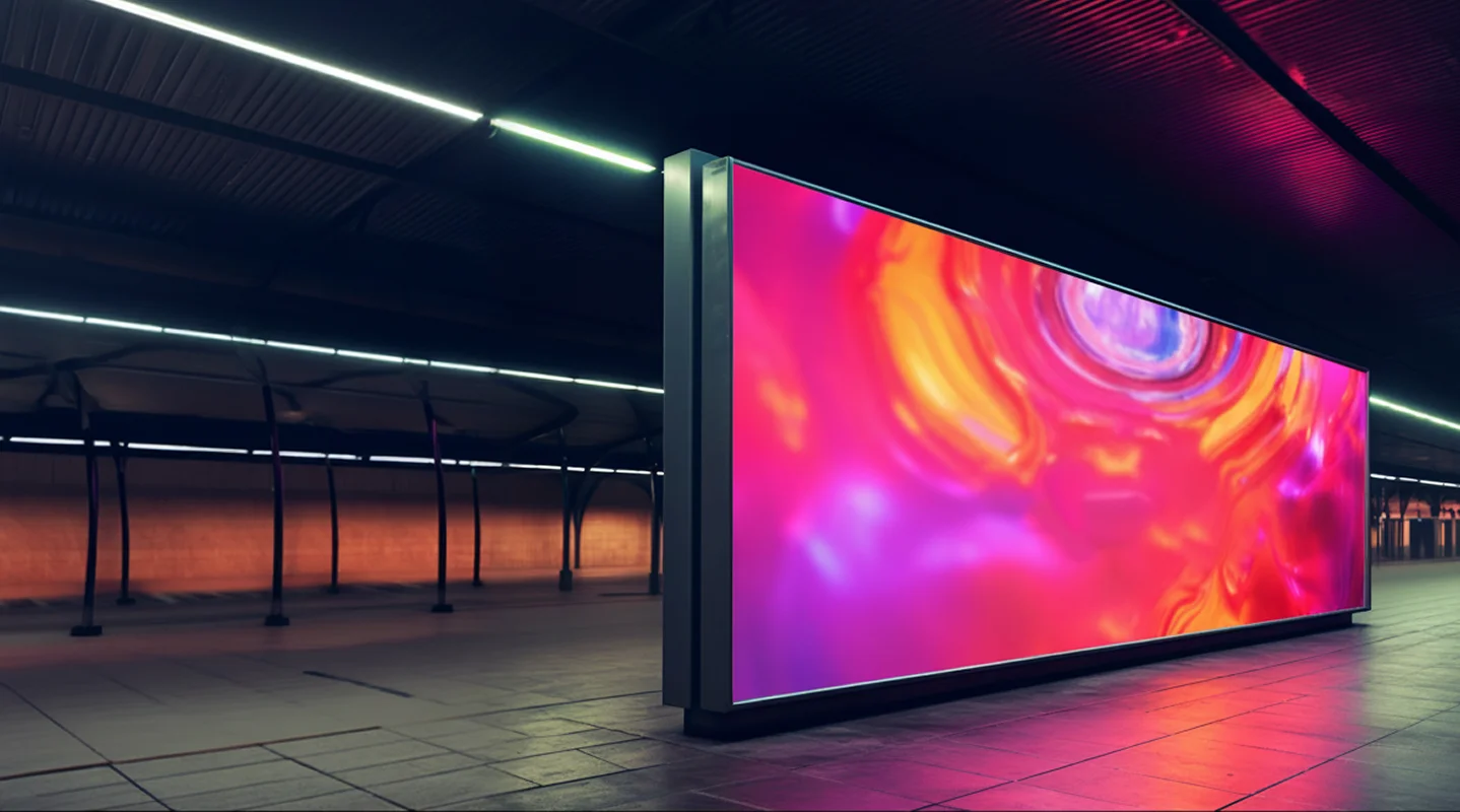 Large indoor LED video wall displaying vivid pink and orange abstract graphics in a warehouse space
